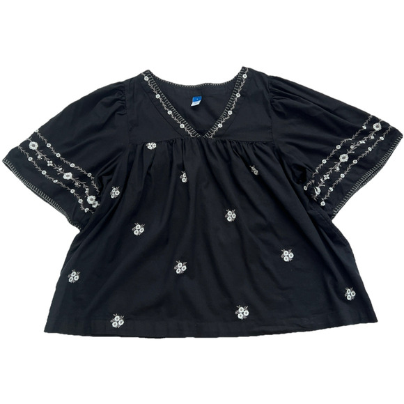 Old Navy Floral Embroidered Top Womens Large Black V-Neck Short Bell Sleeve Boho - Picture 8 of 8